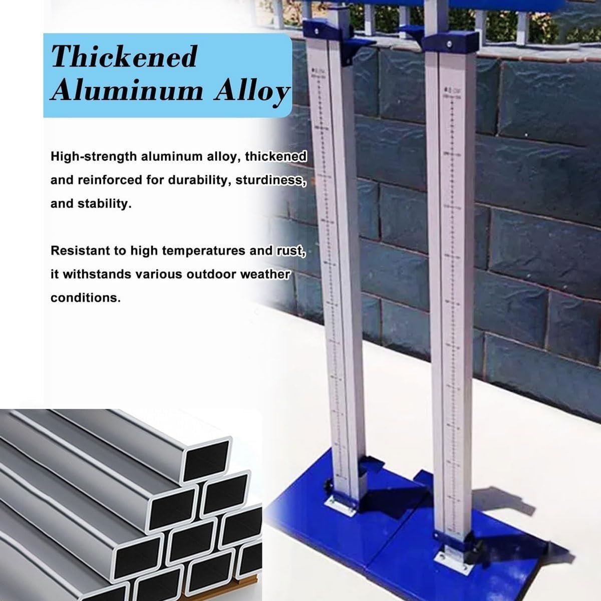 Stojaki do skoku wzwyż, aluminiowe słupki, regulacja wysokości w zakresie 30–230 cm, metryczny system pomiarowy, regulacja za pomocą pokrętła, idealne do treningów szkolnych i zawodów
