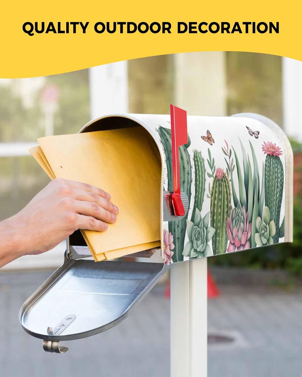 Tropical Mailbox Covers Magnetic Mailbox Wraps, Green Cactus Purple Flower Butterfly Rustic Post Letter Box Cover for Garden Yard Outdoor Decor Standard Size 18x21 Inch