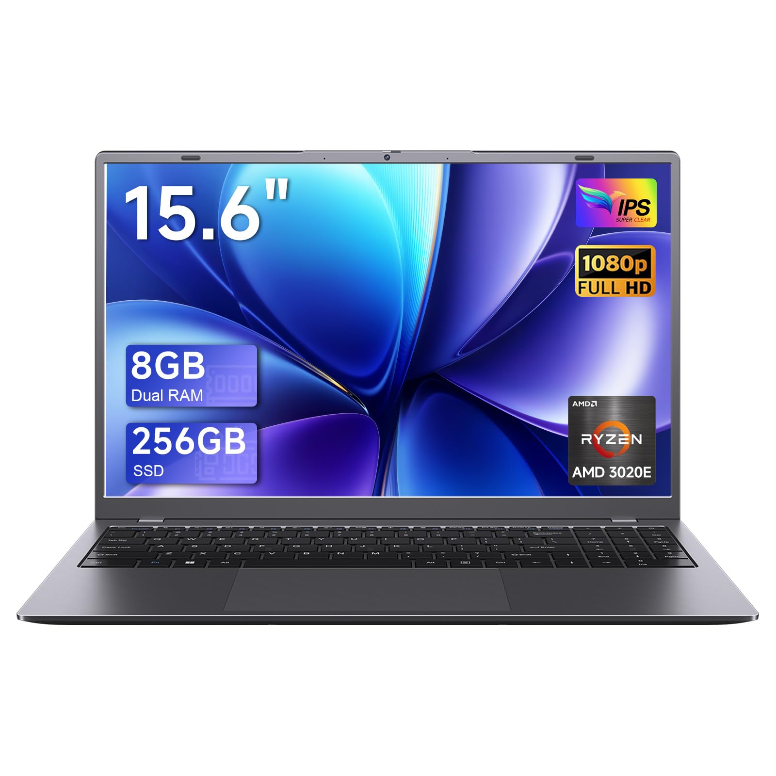 EVOBUC 15.6 Inch Laptop Computer, 8GB RAM 256GB SSD, 3020e Processor (Up to 2.6GHz), WiFi 5, USB3.2, Type-C, 1080P FHD IPS, Laptops for Daily Use & Students