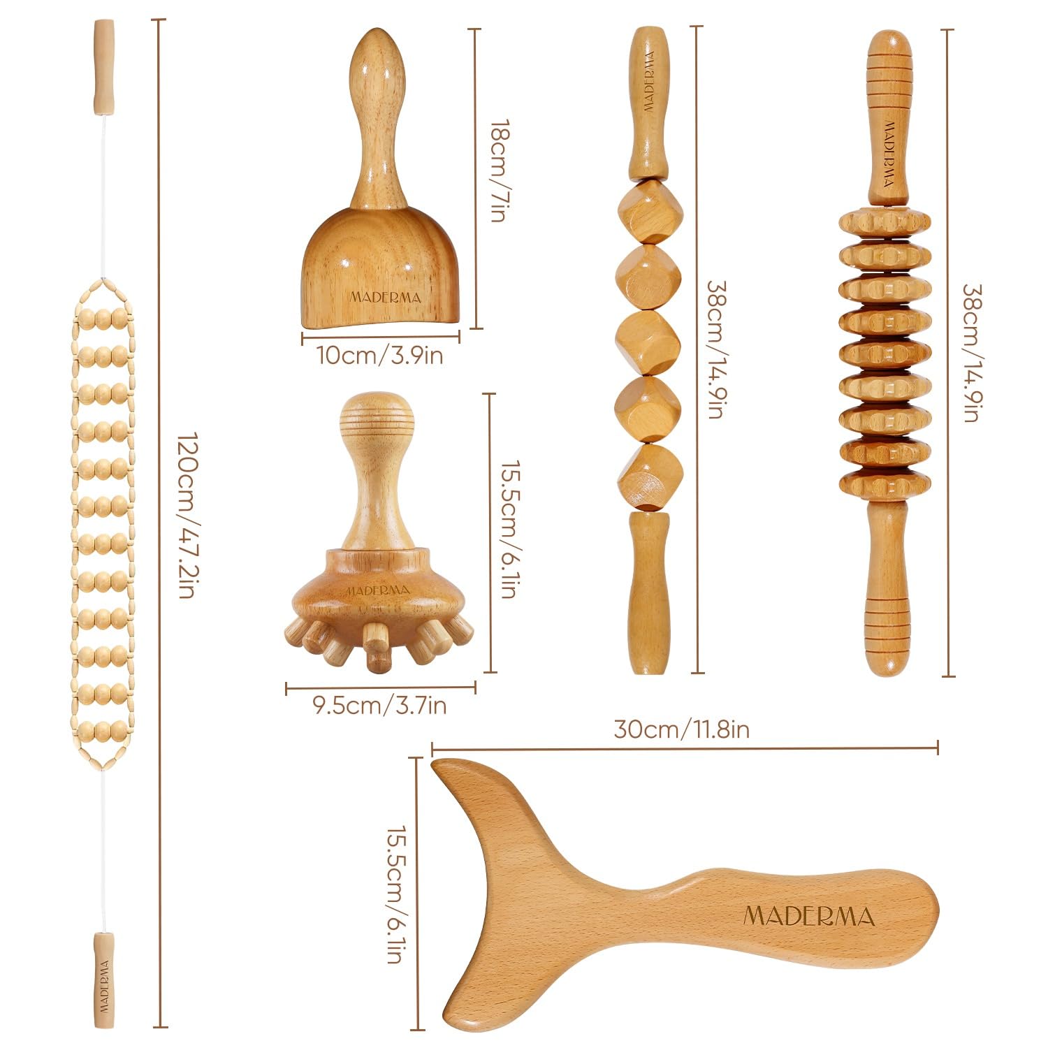 Kit complet de Maderothérapie 6 pièces en bois 100% naturel - Gua sha massage - masseur anti cellulite - dreinage lymphatique - rouleau de massage, venteuse cellulite, massage dos