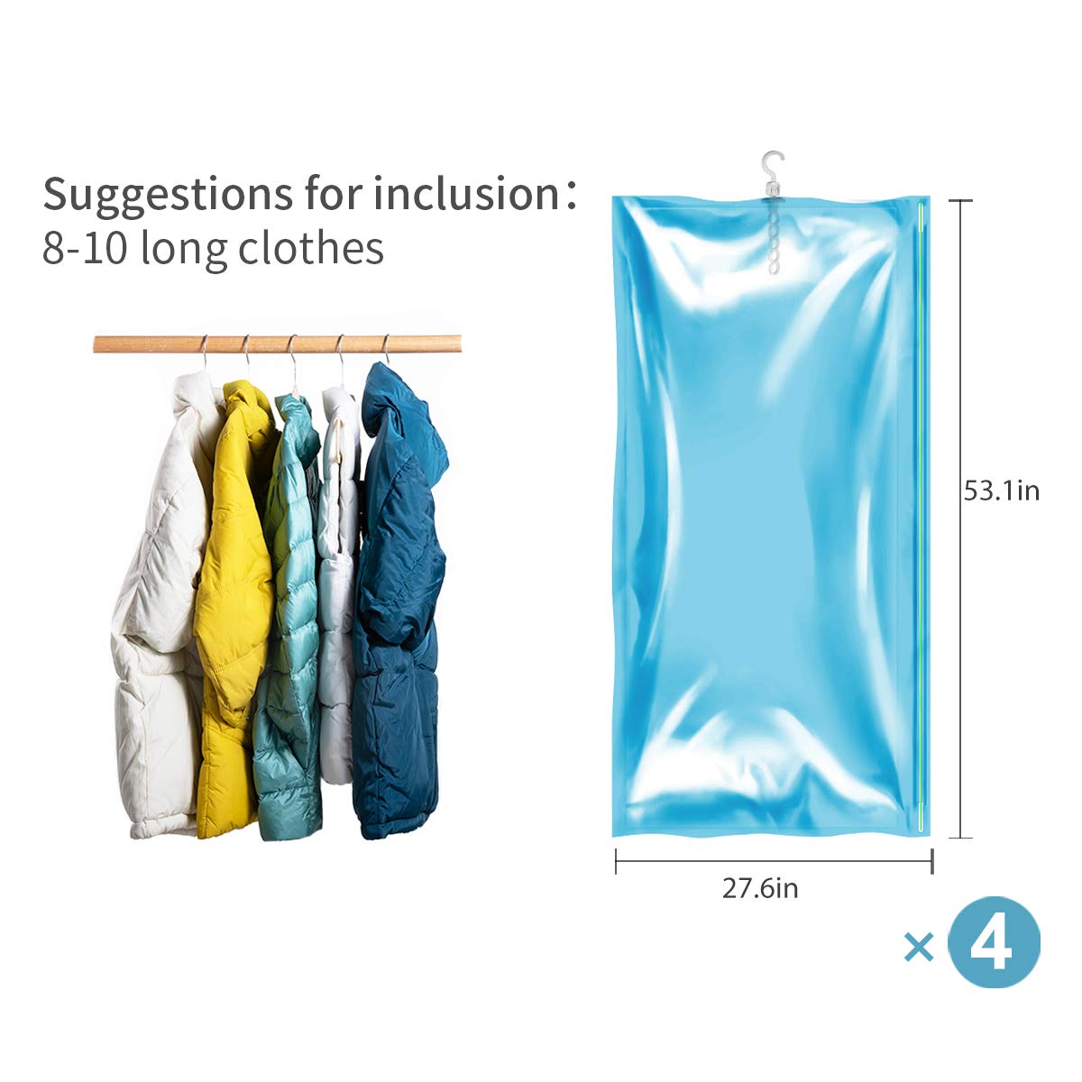 Bolsas de almacenamiento al vacío para ropa 4 piezas (135 x 70 cm) ahorro de espacio bolsas de polvo con gancho para abrigos, chaquetas, vestidos, chaqueta de abajo, traje de negocios, sin plegado