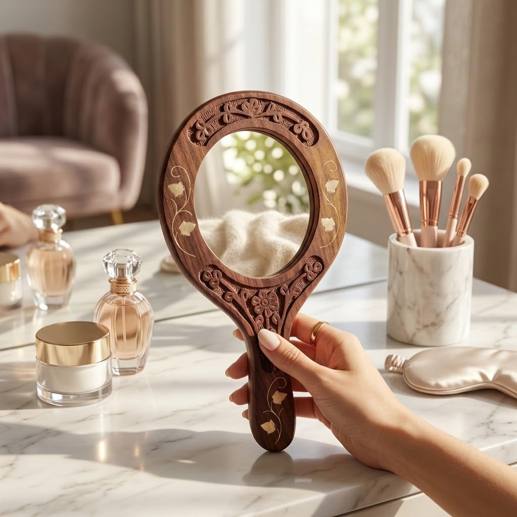 Handcrafted Wooden Hand Mirror for Makeup Dressing | Vintage Floral Design Brown Wooden Vanity Mirror with Comfortable Grip Handle for Women Girls | Elegant Beauty Accessory Decor Piece-image-47