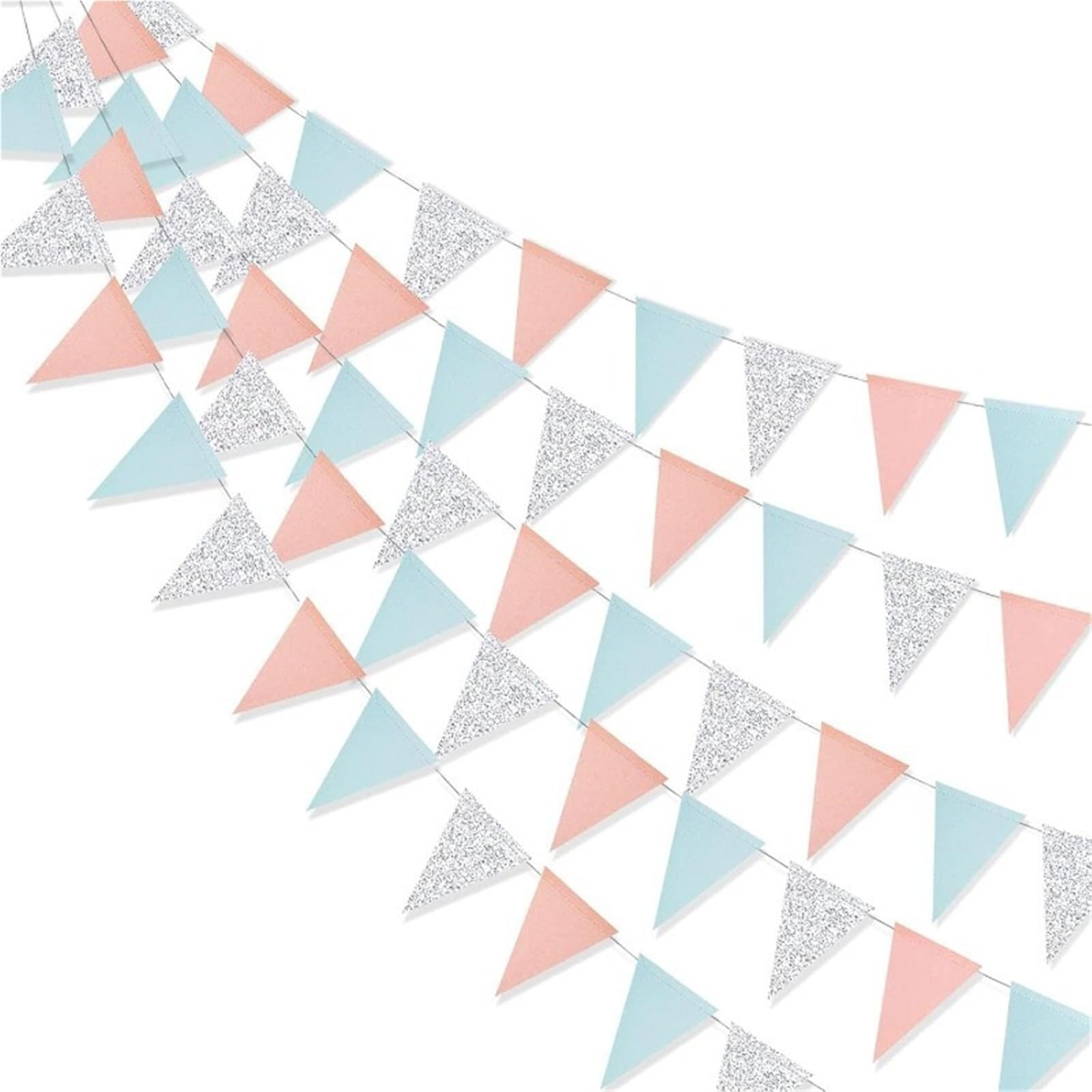 Banderines Decorativos Pastel Blue Silver Pink Christmas Party Triangle Flag Decorations Wedding Birthday Bridal Shower Streamers Supplies(4Pcs Triangle Flags)