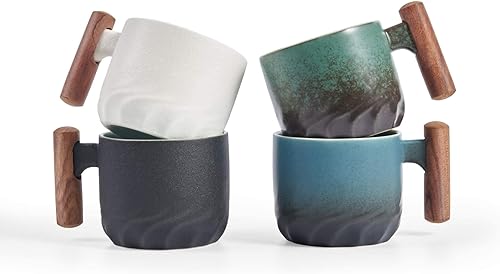 Miniatura 10 de Tazas de café expreso de cerámica con mango de madera, tazas de té de cerámica, tazas Demitessa de porcelana para café o té, 3 onzas (negro, 2)