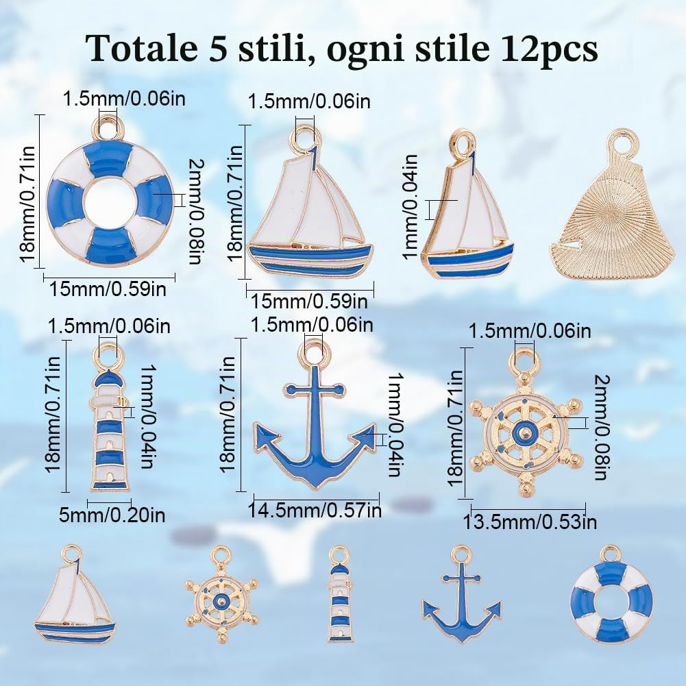 SUNNYCLUE Set 60 Pezzi 5 Stili Ciondoli Nautici di Ancoraggio Oceano Blu - Charms Estivi per Gioielli Fai Da Te