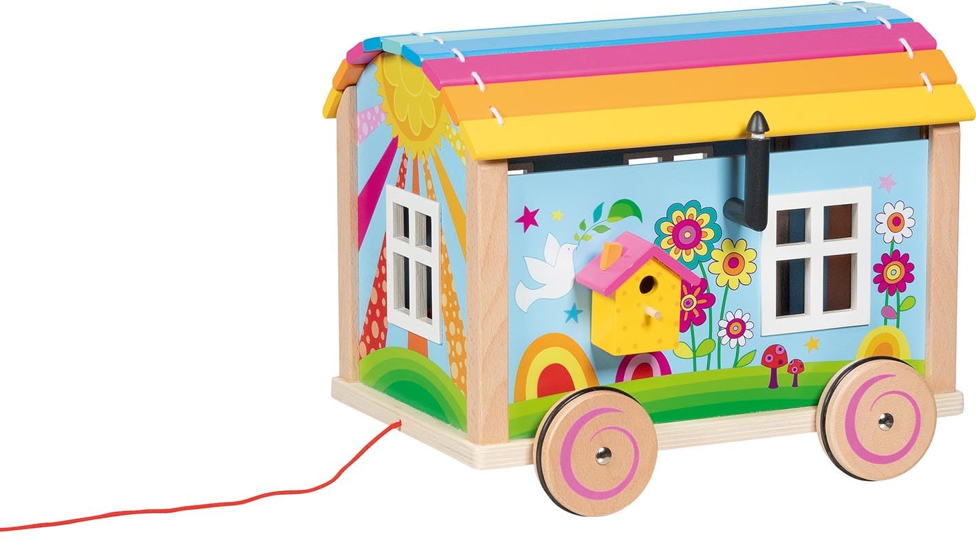 goki 51440 – Wohnwagen Spirit – 12-teiliges möbliertes hippes Puppenhaus-Mobil im Bauwagen-Style mit abnehmbaren Dach und Wänden