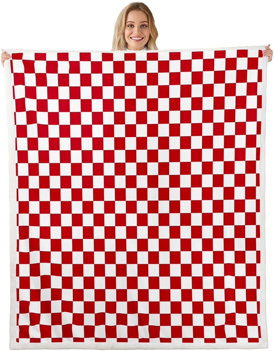 Castle Fairy Checkerboard Throw Blanket,Vintage Grid Plaid Blankets,Modern Minimalist Fleece Blanket,Kids Boys Girls Teens Room Decor,White Red Sherpa Blankets,40"x50"
