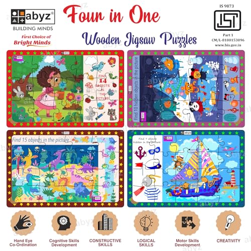 Image of ABYZ Wooden Jigsaw Puzzle - Animals Winter Celebrations, Gardening Time, Dinosaurs Era, Monkeys Sailboat Playset, 63 Pieces - Pack of 4 | Birthday Gift for (3 Plus Years) Age Kids.