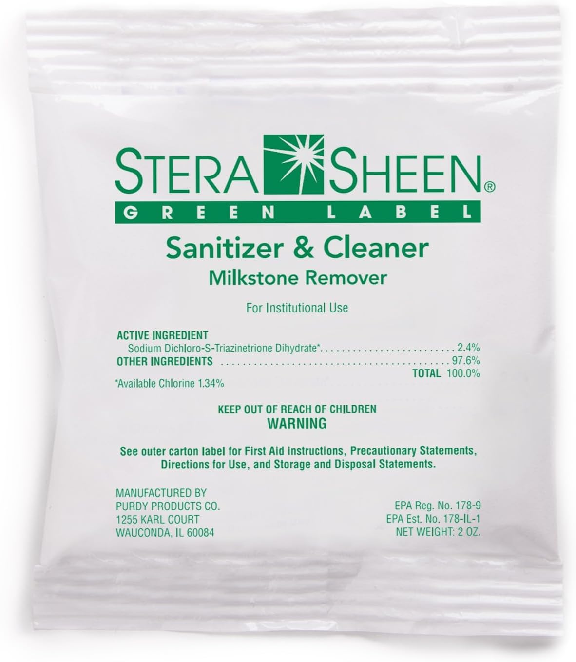 Stera Sheen Green Label 100 Count 2oz Packets | Sanitizer + Cleaner + Milkstone Remover | Cleaner and Sanitizer for Soft Serve + Shake Machines + Ice Maker & Ice Machines | By Purdy Products