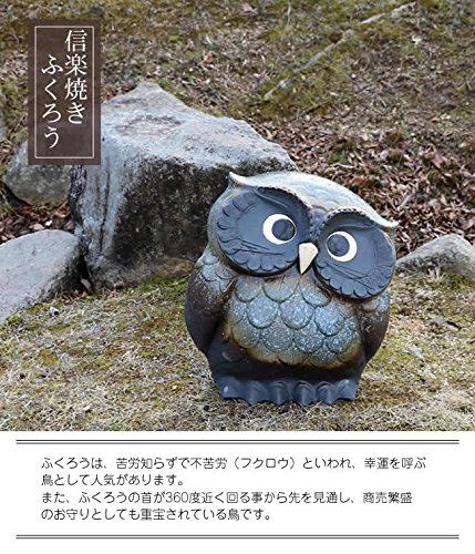 フクロウ置き物　信楽焼と木彫り Amazon｜信楽焼 14号首かしげ（青）【fu-0147】 ふくろう 梟 陶器