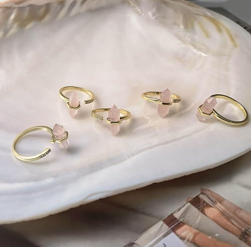 Miniatura 3 de Rose Quartz Ring, Gold Plated Pink Crystal Ring for Women, Adjustable Healing Crystal Rings for Rose Quartz Jewelry