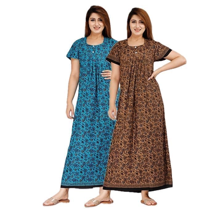 Image of NILOUFO Women's Cotton Printed Maxi Nighty - Pack of 2 | Soft Ankle-Length Sleepwear Gowns for Women | Free Size Night Dresses (Blue,Brown1, Free Size)