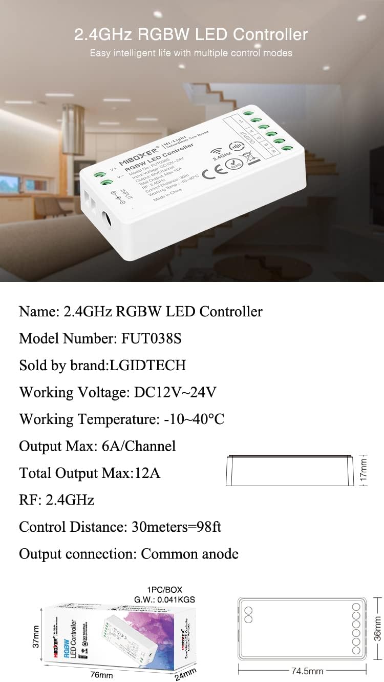 LGIDTECH FUT038S RGBW Color LED Strip Light Controller,Input DC 12-24V,Output Max 12A