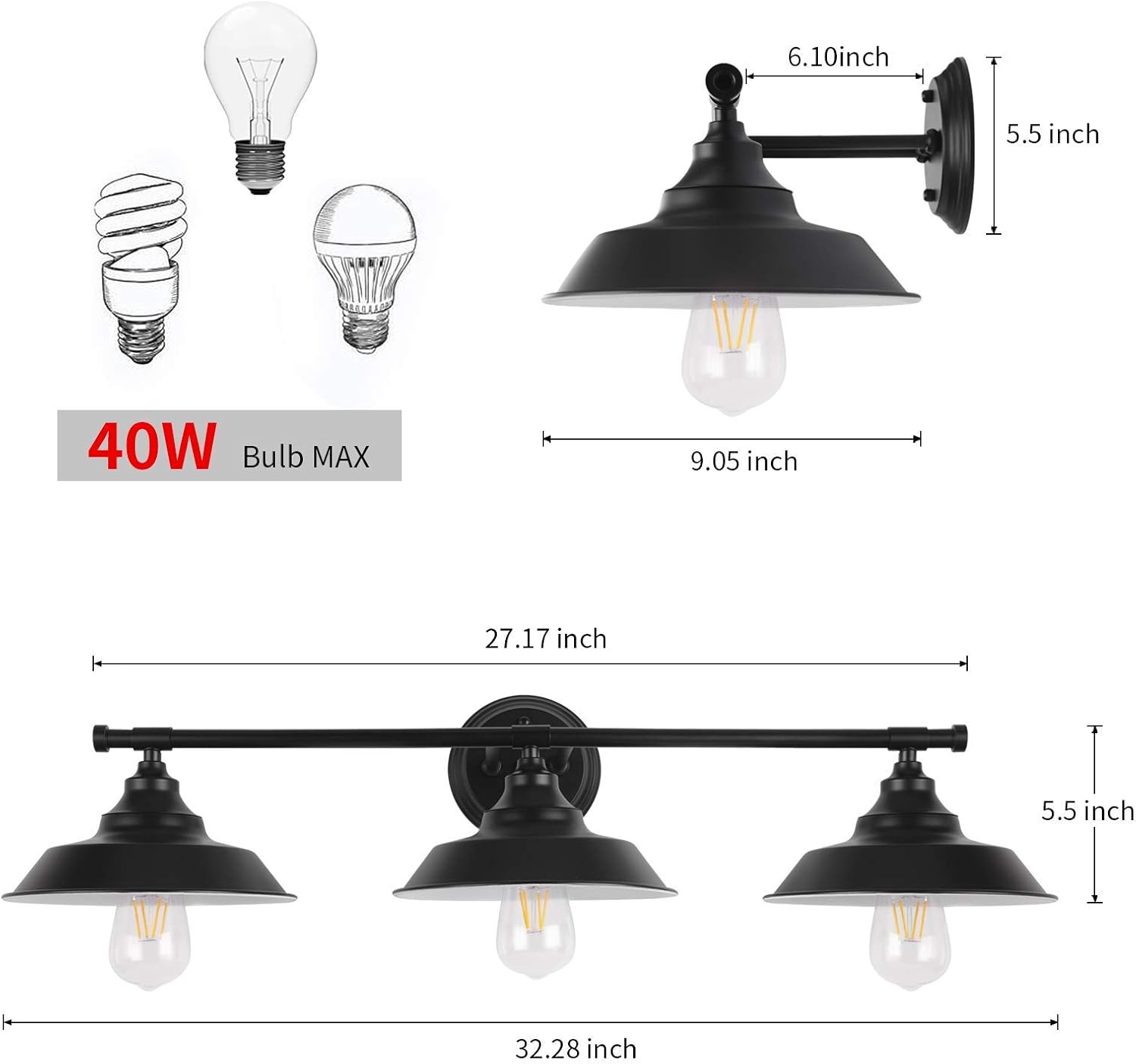 Lowest Price Vanity Wall Sconce Lighting 3 Lights, Black Bathroom Vanity Light Fixtures Over Mirror Rustic Style Matte Hanging Light Industrial Indoor Wall Light Fixture for Bathroom Cabinets Dressing Table