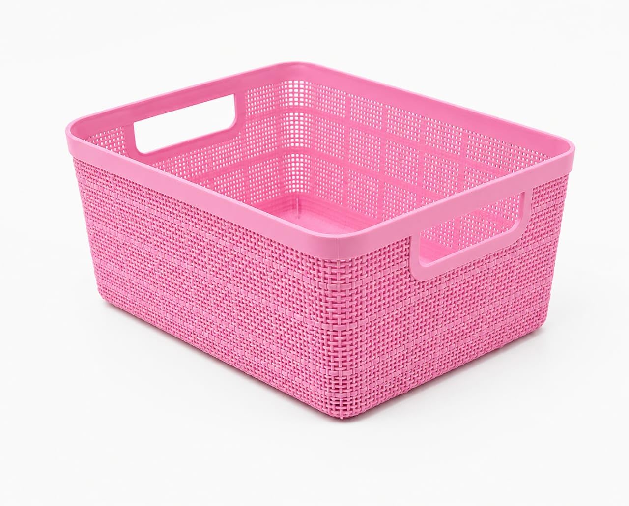 Pack of 5 x Plastic Storage Basket with Handles, Multipurpose Woven Organiser Box for Kitchen, Bathroom, Office, Bedroom & Shelves, Small Storage Bin for Cosmetics, Toys, Stationery & Pantry (Pink)