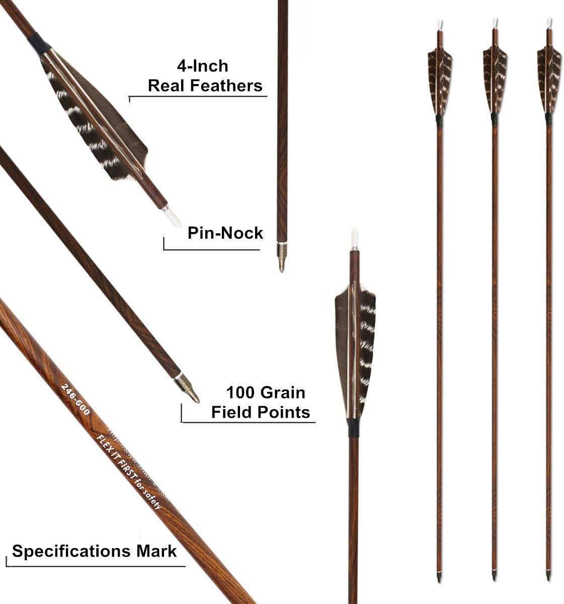Letszhu Archery Carbon Arrows Wooden Grain Shaft 500 Spine with Feather Fletching for Hunting Target Shooting