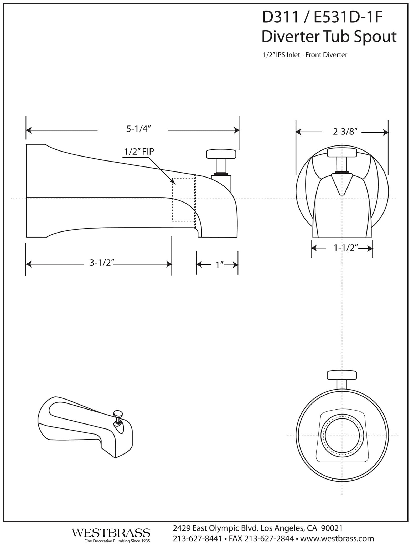 Westbrass D311-26 Boquilla para bañera, Cromo Pulido