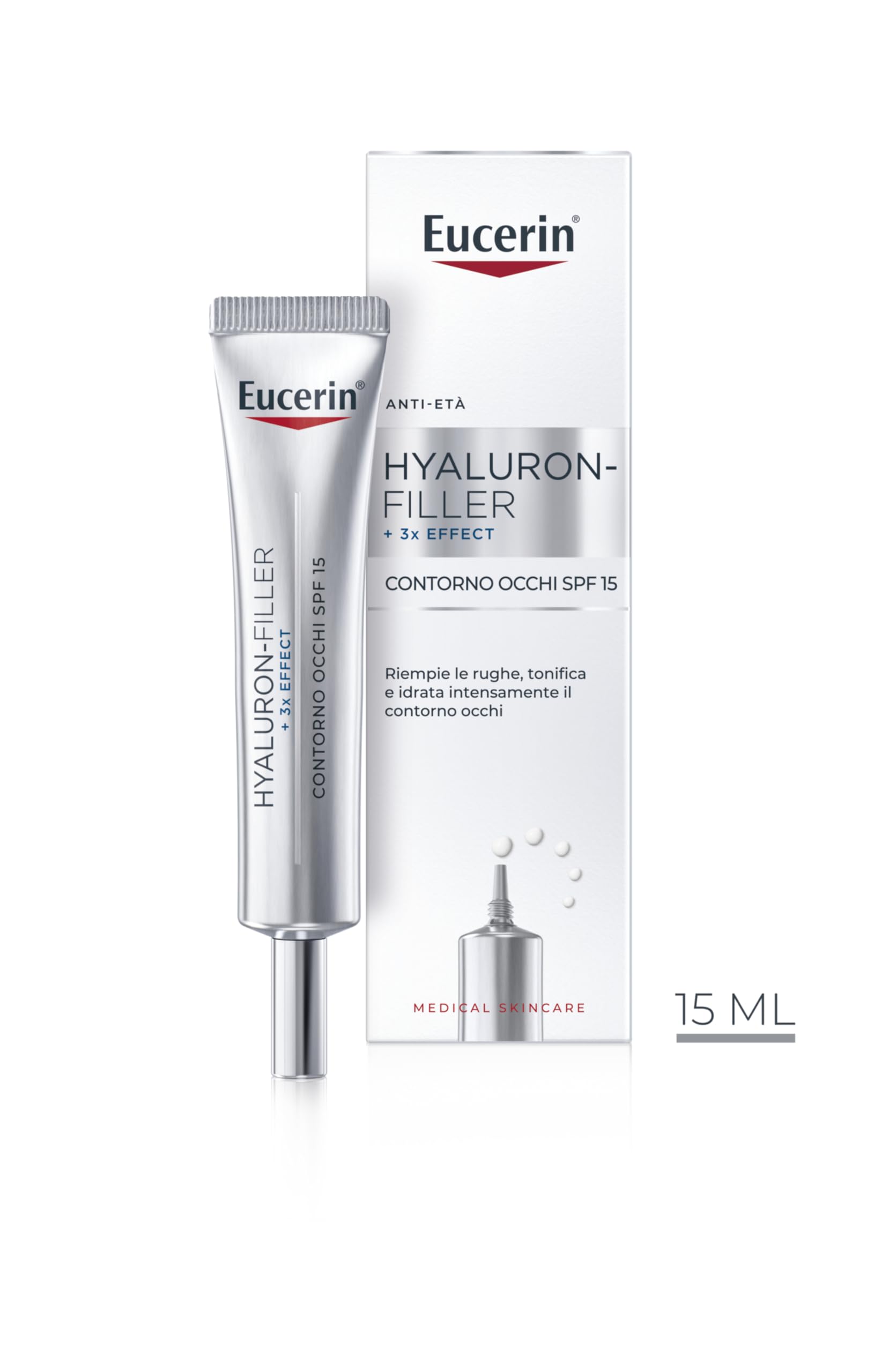 Eucerin Hyaluron-Filler Contorno Occhi SPF15 15 ml, Crema contorno occhi antirughe e antiage, Formula con Acido Ialuronico e protezione UVA SPF 15 per tutti i tipi di pelle
