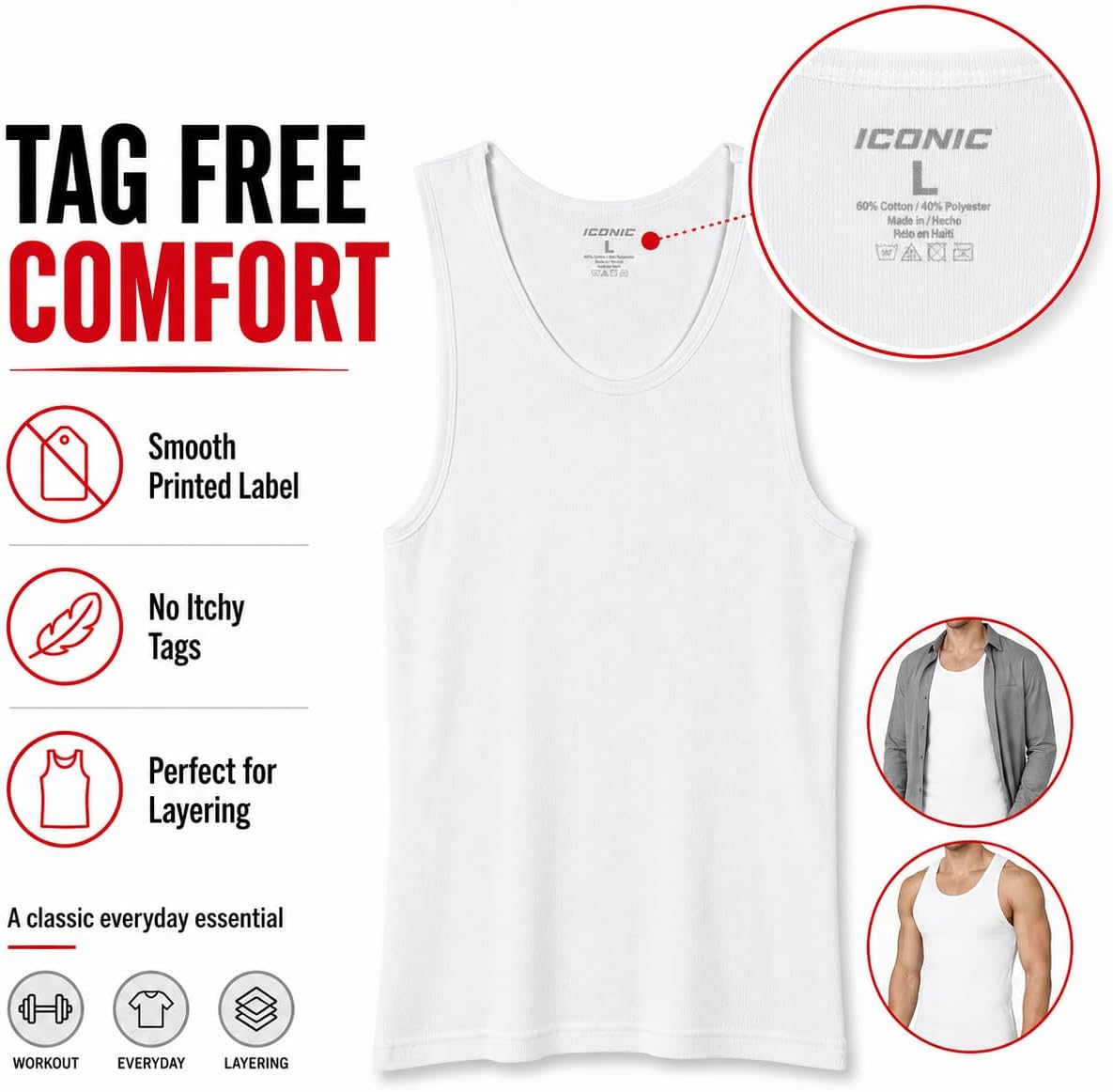 Iconic Mens Multi-Pack Tanks White Tank Top Breathable A Shirt, Moisture Wicking Undershirts, Tag Free and Durable