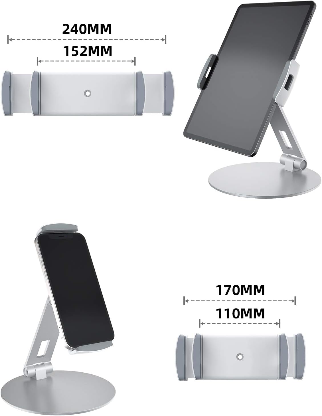 Stouchi Tablet Stand, 360°Tablet Swivel Base Holder, Adjustable Desk Mount Desk Stand with Heavy-Duty Base for iPad Pro Air Mini, Kindle, iPhone 4.7-13" Devices Silver