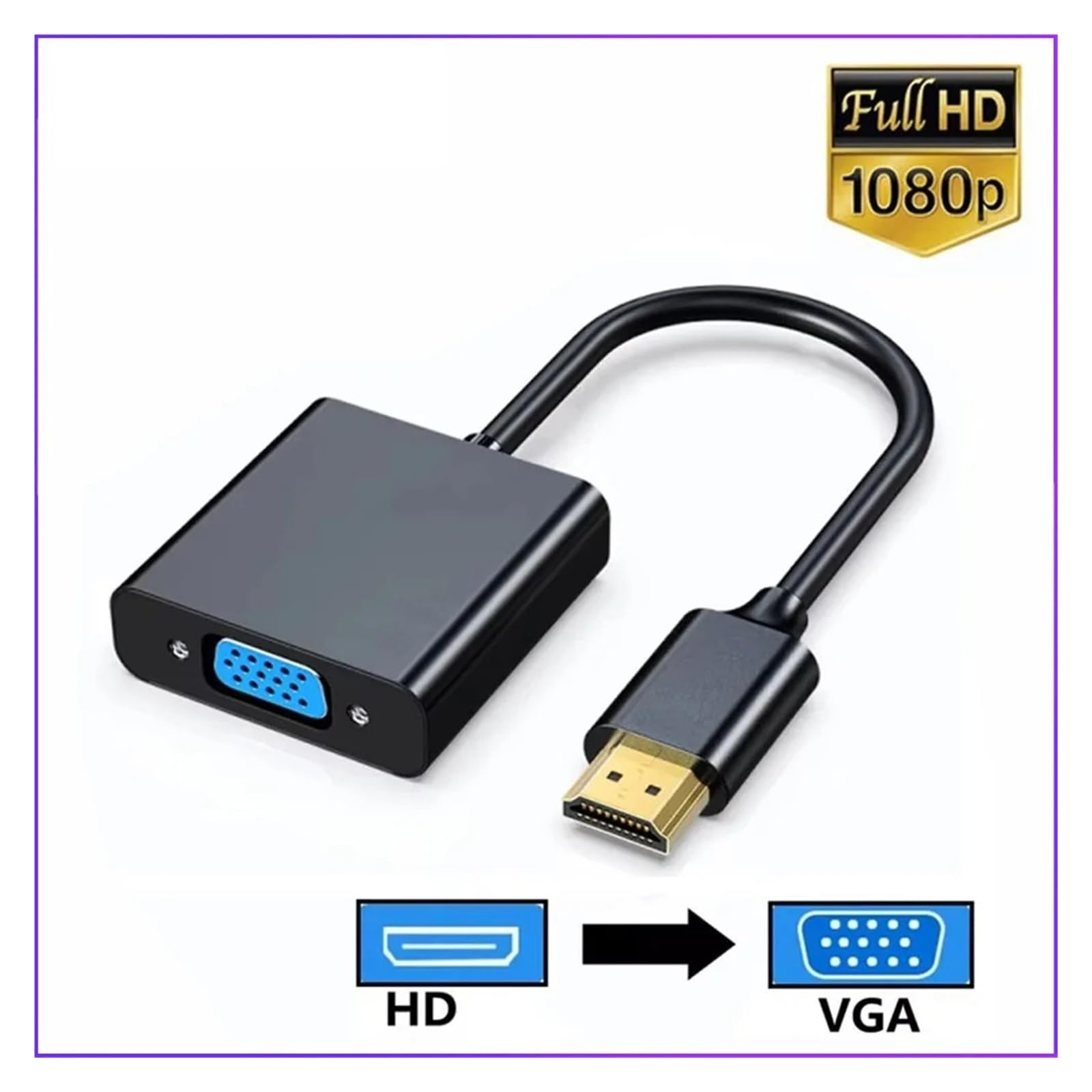 Adaptador HDMI a VGA 1080P chapado en oro para laptop, PC, proyector, TV (HDMI a VGA, negro)