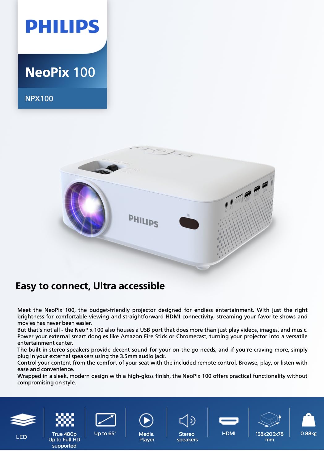 Philips NeoPix 100, Videoproiettore Fisso, Schermo da 65" (165 cm), LED, Altoparlanti Stereo Hi-Fi Incorporati, Connettività USB, HDMI e Cavo Jack da 3,5mm, Compatto, Bianco