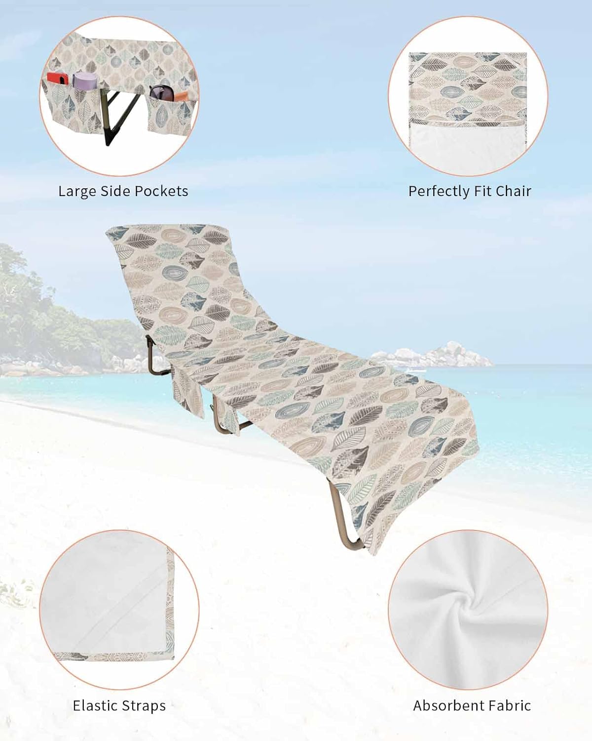 Vintage Leaves Beach Pool Patio Lounge Chaise Chair Cover Towel With Pockets,Absorbent & Quick Dry Microfiber Towel Cover Bag Summer Travel Accessories for Sunbathing Retro Blue Teal Purple Khaki Leaf