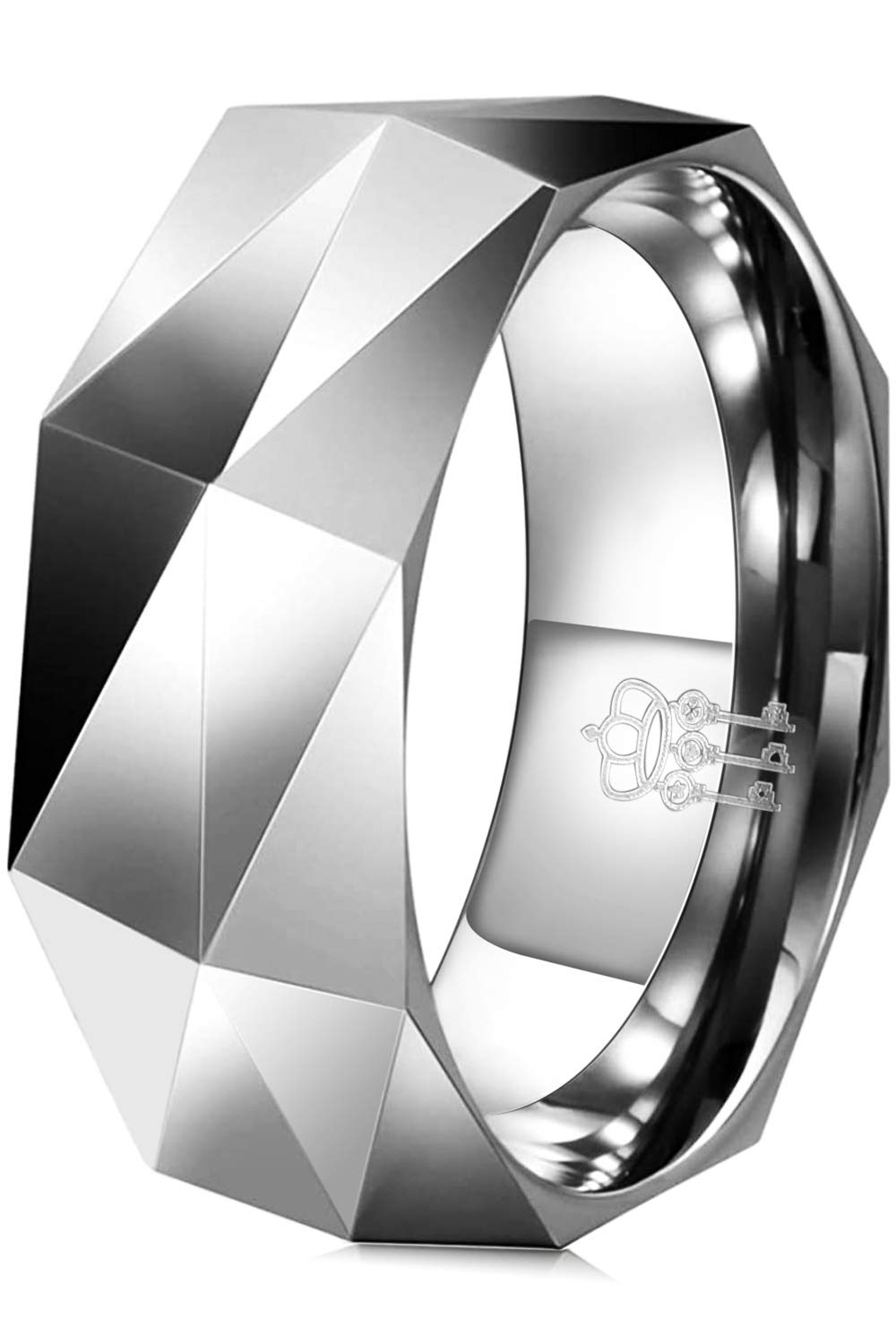 Three Keys Jewelry8mm White Tungsten Wedding Ring Multi Facet Wedding Band Engagement Ring for Men Women