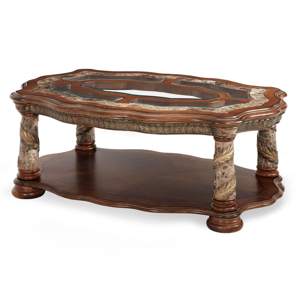 Villa Valencia Brown Cocktail Table Solid Wood Birch with Glass and Marble Top Classic Chestnut Finish Durable Single-Piece Elegant Design for Living Room