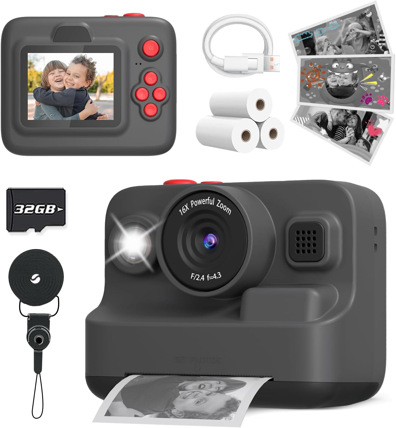 Yehtta Kids Camera Instant Print - Christmas & Birthday Gift for 3-12 Year Old Boys & Girls, 2.4in Screen, 1080P Digital Camera with 3 Rolls Print Paper & 32G Card
