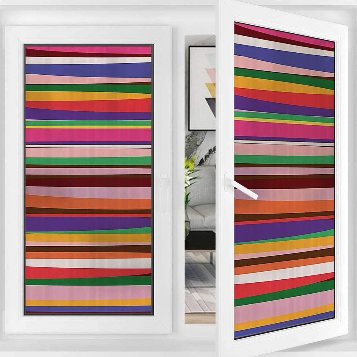 Violet Orange Frosted Leaf Decorative Window Films Gradient Artistic Funky Vintage Design Window Privacy Films Vinyl Frosted Privacy Film Striped Decor 35.4Wx78.7L-inch