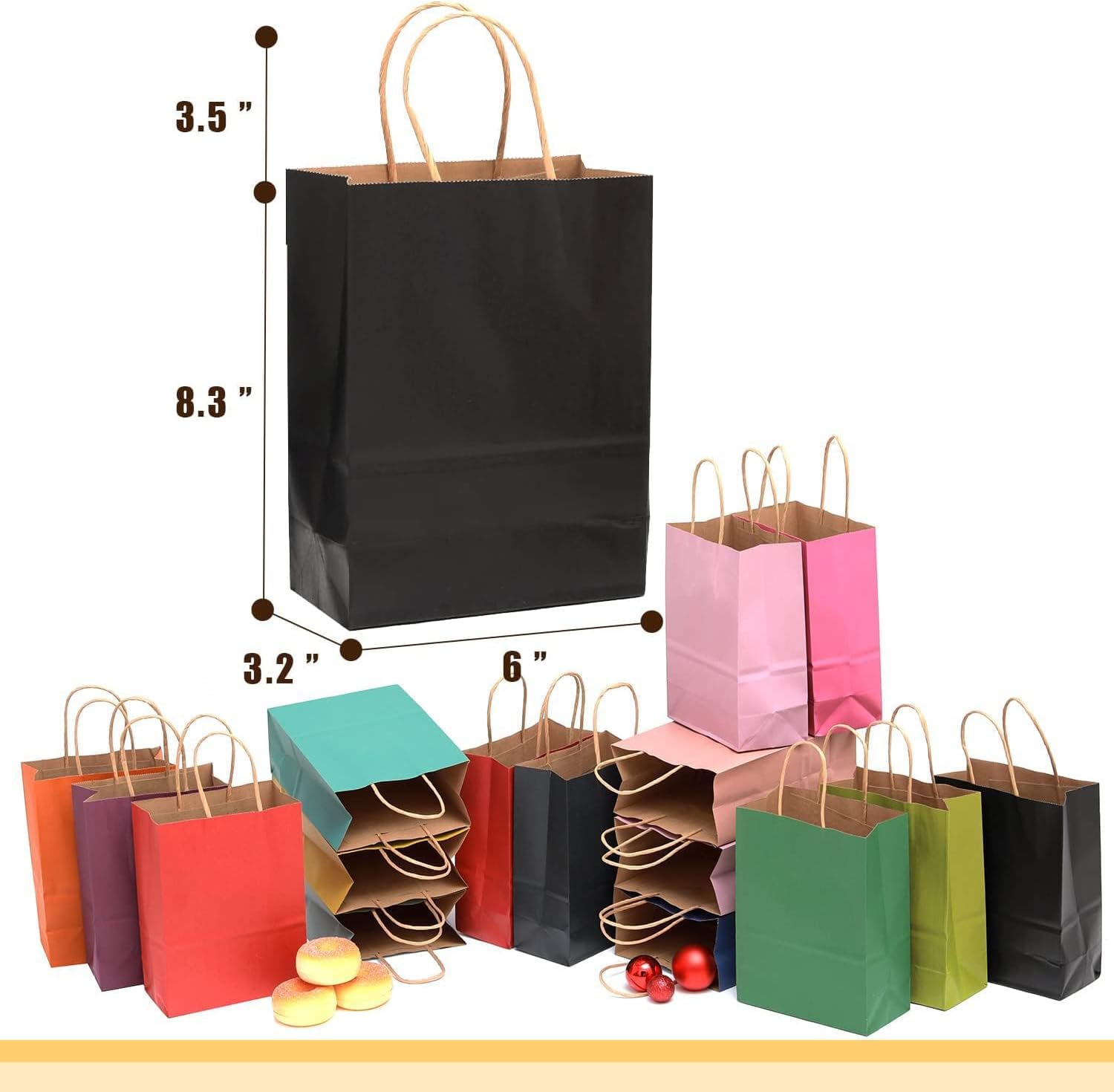 qiqee 100Pcs Small Size Paper Gift Bags with Handles - 8.3"x6"x3.15" Kraft Small Party Bags - 16 Solid Colors