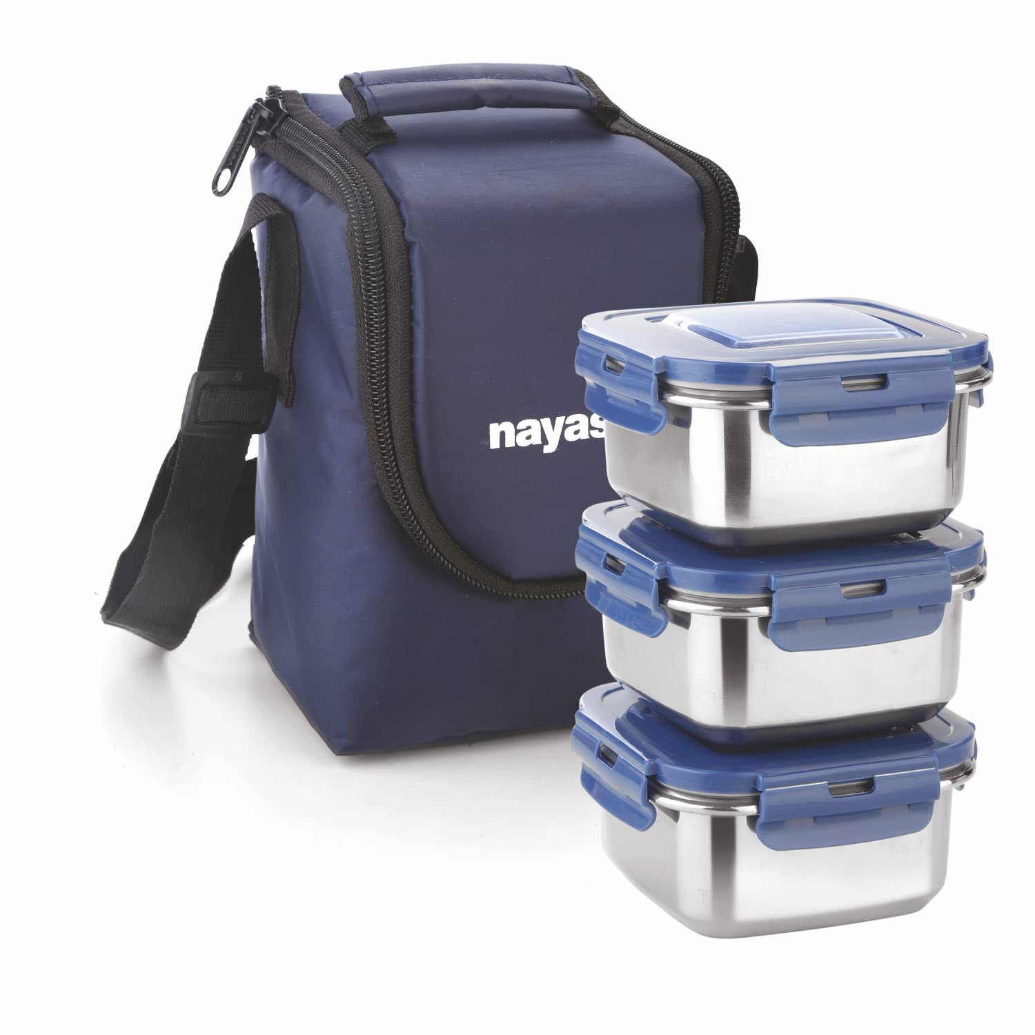 Nayasa Eco Crunch 3 Lunch Box with 3 Containers of 300 ml Each, Ziper Pouch, Airtight & Leak Proof Lid, 4 Side Lock, Ideal for School/College/Office, Full Meal & Easy to Carry, Blue (B0BBW7XGYW) Amazon Price History, Amazon Price Tracker
