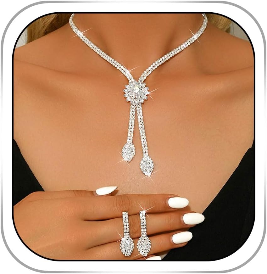 Gangel Silver Rhinestone Necklace Set Crystal Earring Bridal Wedding Jewelry Sets Prom Necklace for Women