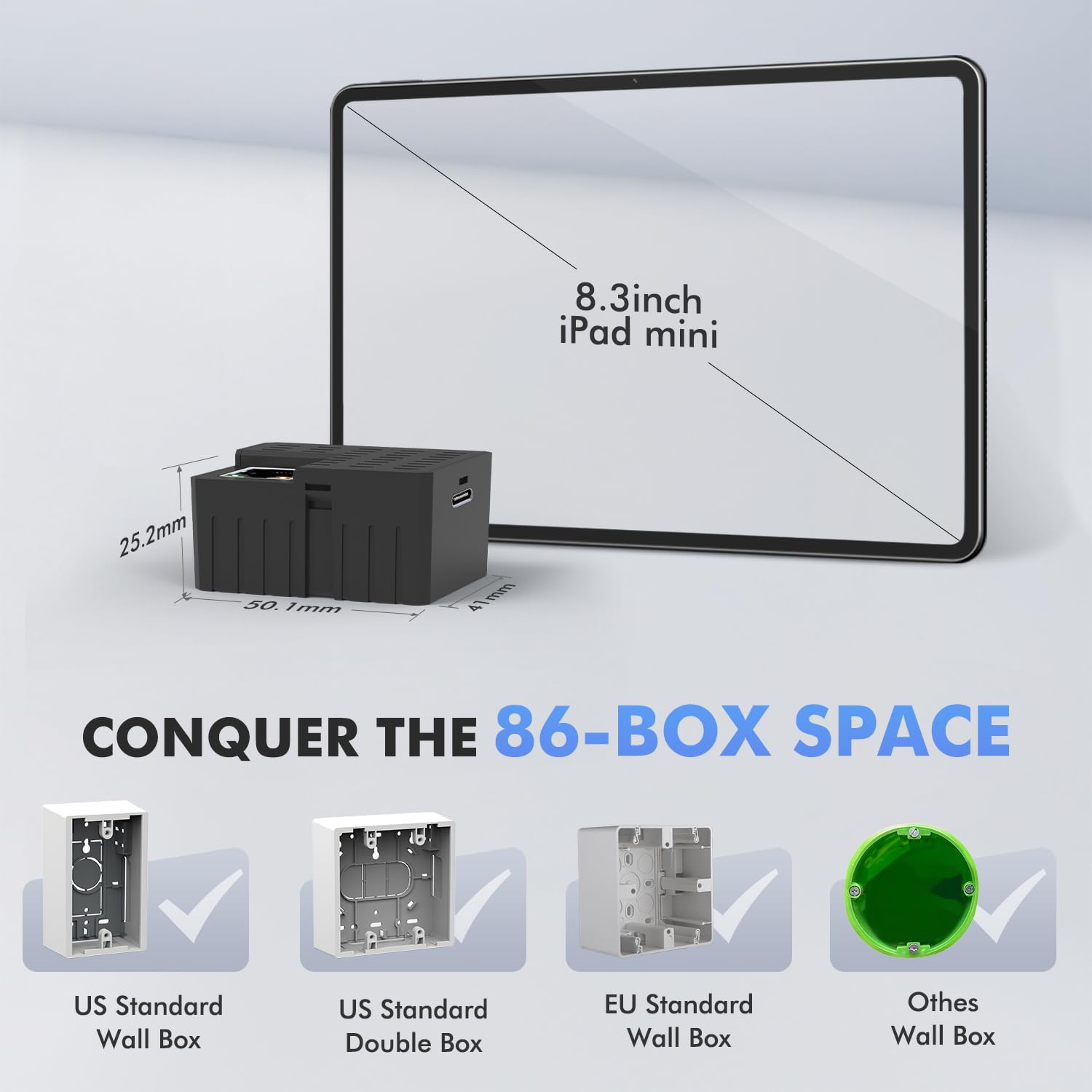 Agile - Kit de montaje en pared para tablet PoE universal con soporte y cable plano | Caja de adaptador de corriente CA a USB-C para 8-12 tabletas (apto para 86 cajas de hogar inteligente/oficina, 23 W)