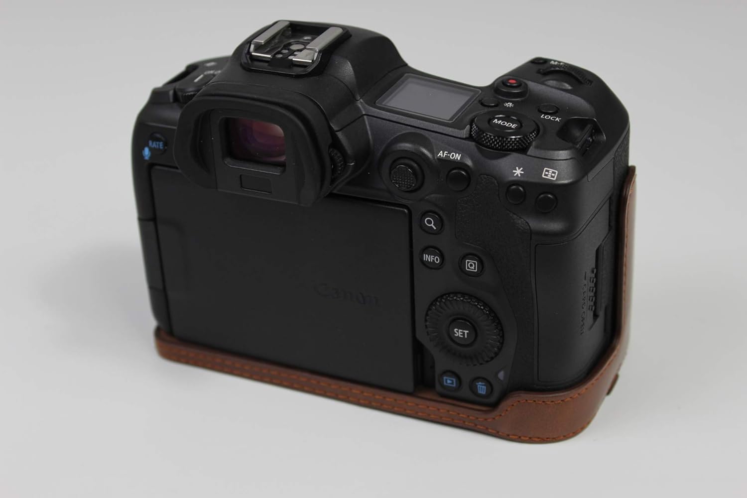 R5 R6 Case, BolinUS Handmade PU Leather Half Camera Case Bag Cover Bottom Opening Version for Canon Eos R5 R6 with Hand Strap (Coffee)