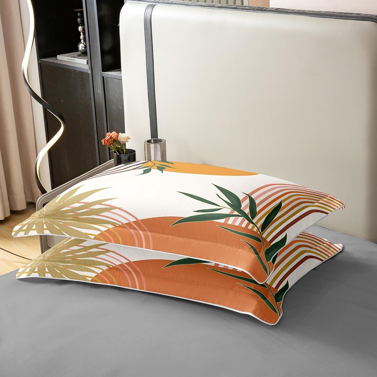 Erosebridal Geometric Leaves 100% Cotton Duvet Cover Queen for Kids Teens Adults,Mid Century Orange Comforter Cover,Botanical Minimalist Bedding Set,Abstract Modern Bed Set 2 Pillow Shams Soft