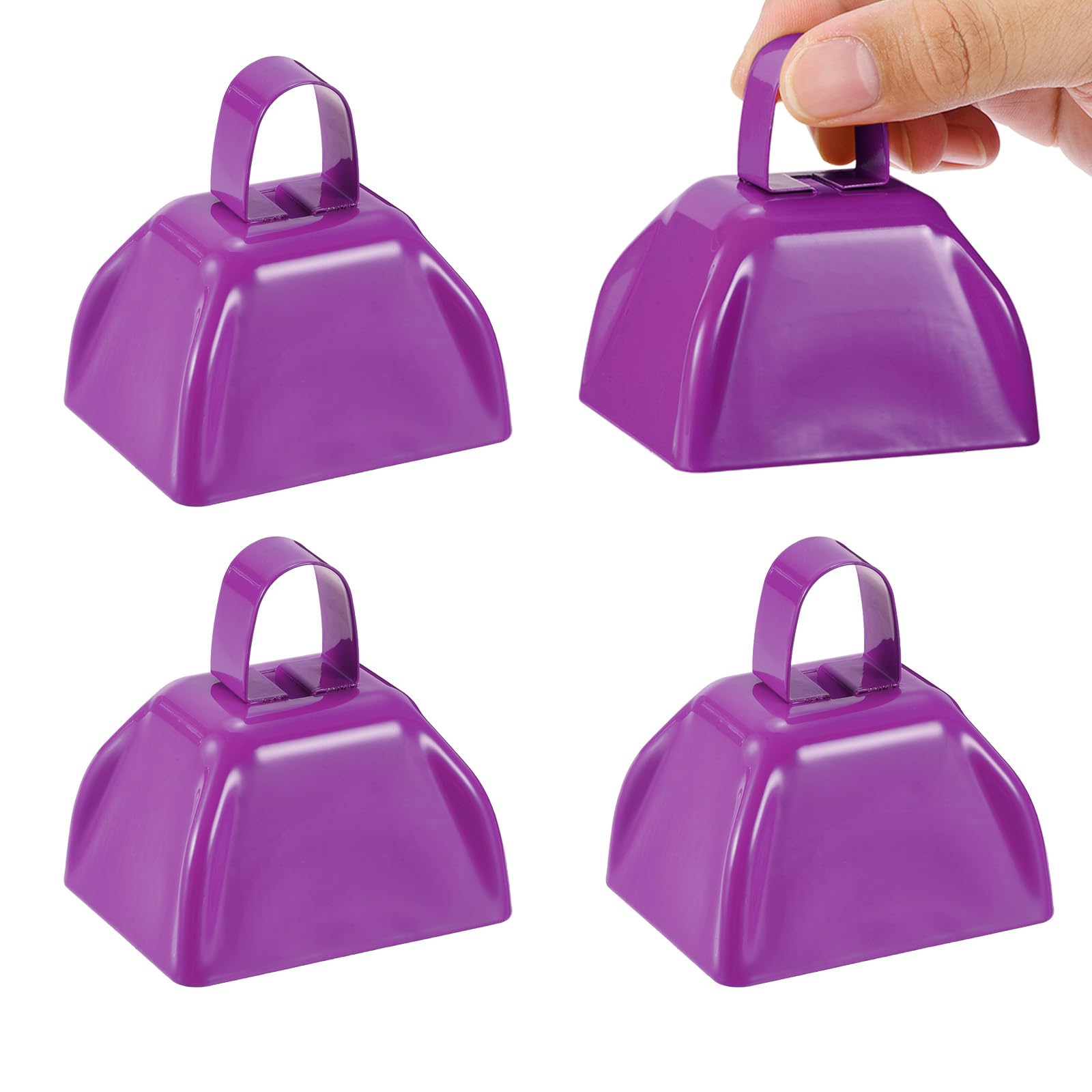 PATIKIL 4pcs Cow Bells for Football Games 3in Cowbells for Sporting Events Bulk Loud Noise Makers Metal Cow Bell with Handle for Cheering Competition Marathon Wedding Blue Purple