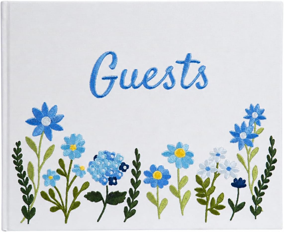 Embroidered Floral Guestbook for Wedding, Bridal Shower & Baby Shower, Linen Guest Sign-In Keepsake with Blank Ivory Pages, Lay-Flat Design & Ribbon Bookmark, 10.25” x 8.25” (Wildflower Garden)