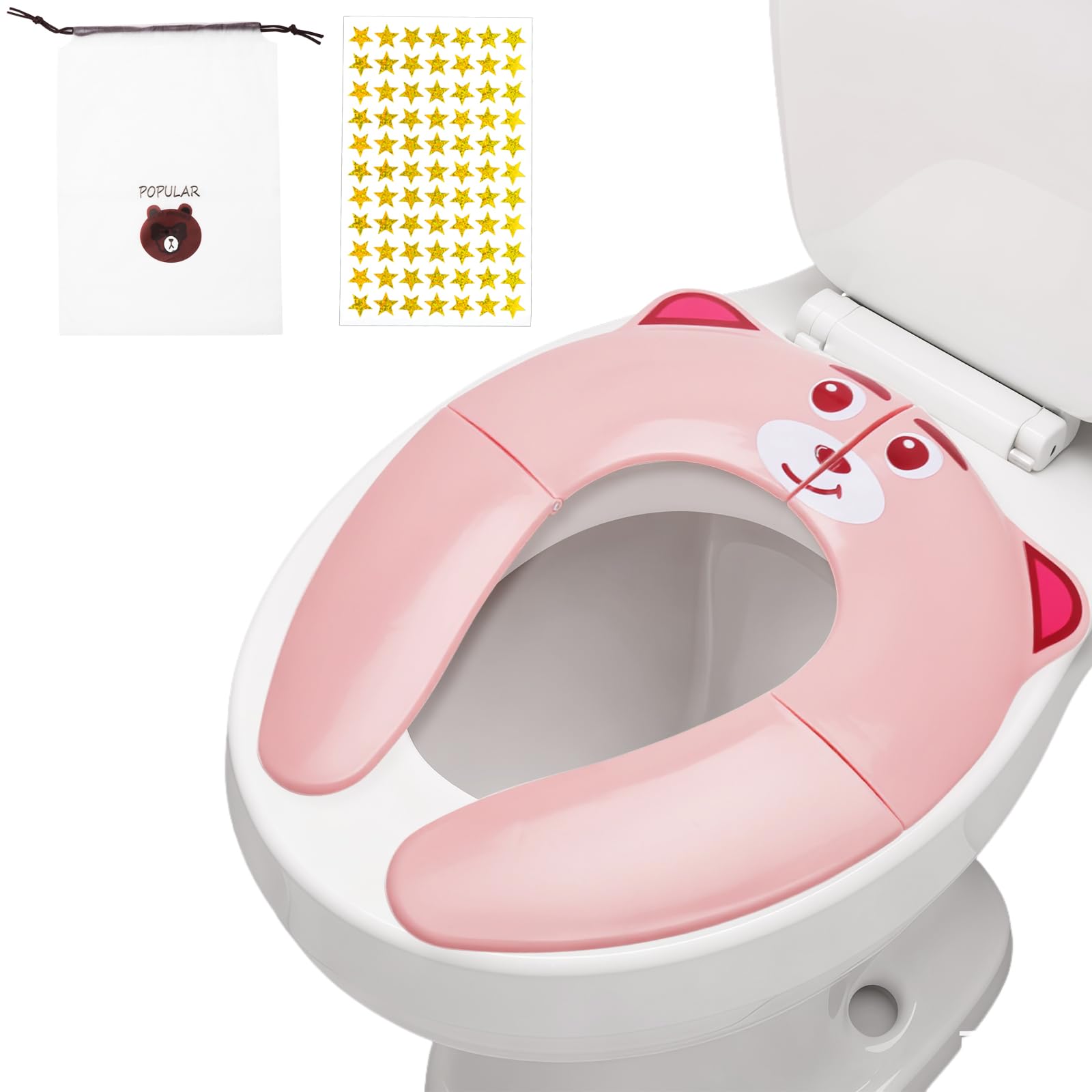 Adaptador WC niños plegable - Reductor WC portátil con bolsa de viaje y pegatinas estrella - Asiento inodoro plegable para niños 2-8 años, adaptador váter infantil antideslizante