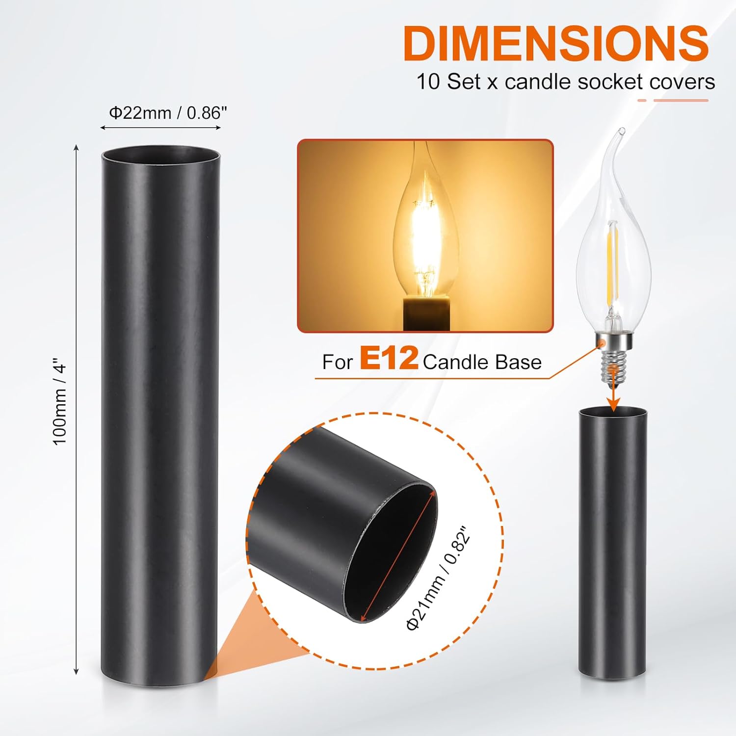 PATIKIL 4" Tall Candle Covers Sleeves, 10Pcs Metal E12 Chandelier Socket Sleeves with Insulation Heat Shrinkable Flame Retardant Tube Bulb Light Base Holder for Lamps, Black