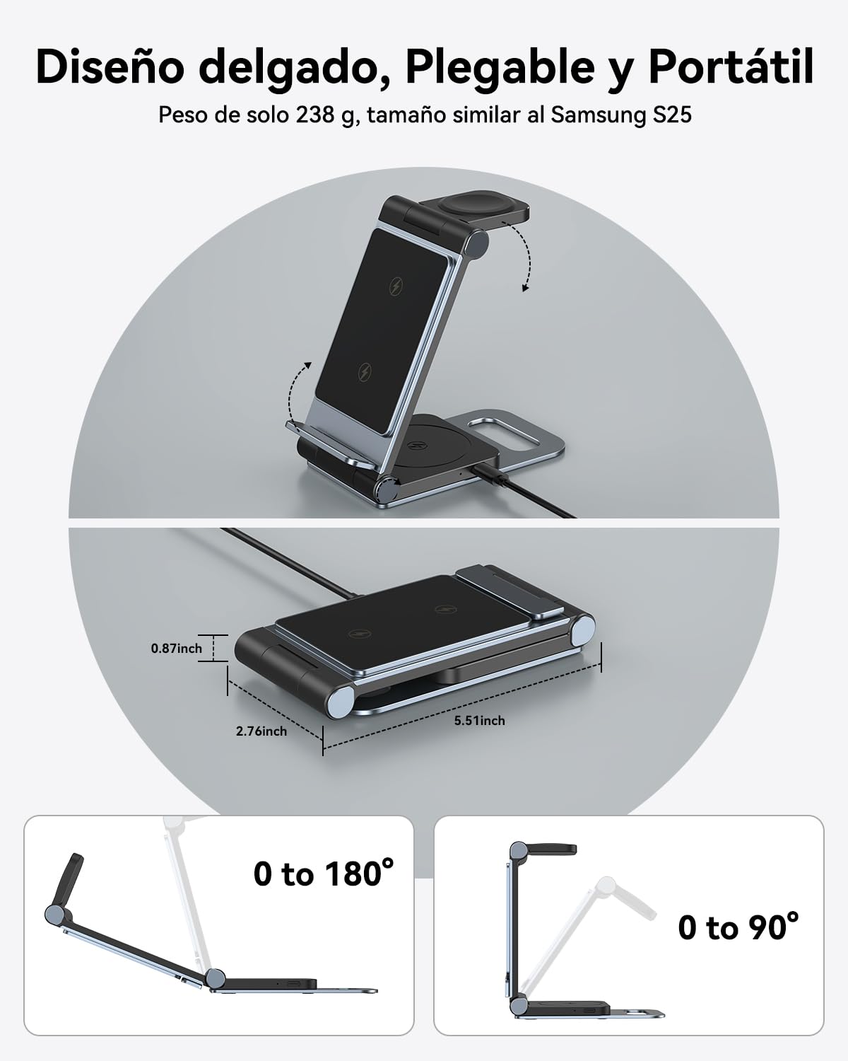 Cargador Inalámbrico 3 en 1 Plegable para Samsung Galaxy S26/S25/S24/S23/S22/S21/S20/Z Flip/Z Fold 7/6/5/4/3 para Galaxy Watch 8/Ultra/7/6/Classic/5/Pro/4 para Galaxy Buds Carga Rápida 20W