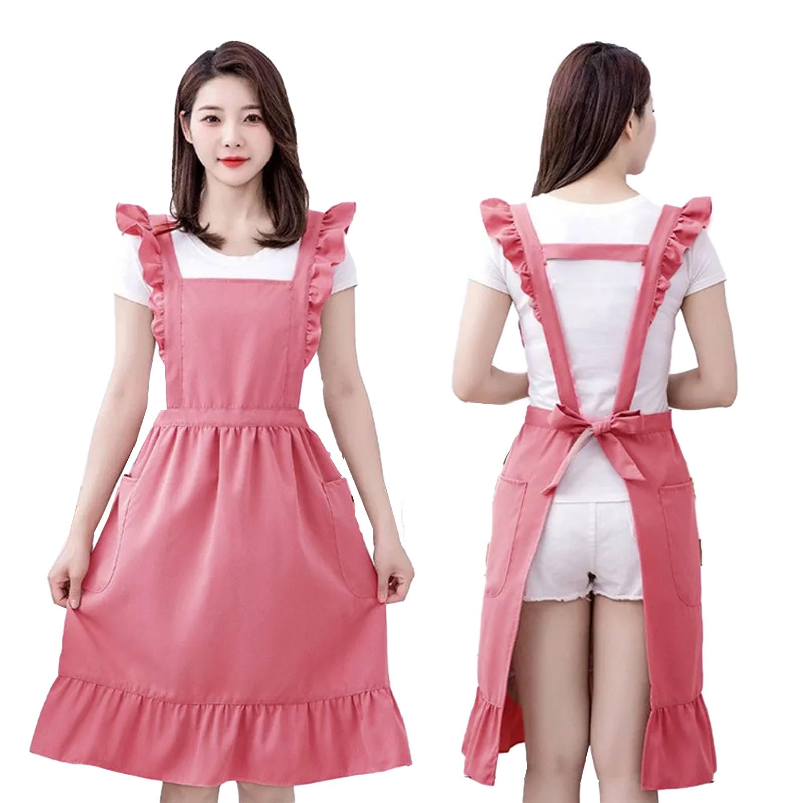 Oaygat Kitchen Chef Apron Tabards for Women with 2 Pockets Wrap Around Vintage Aprons Adjustable Cooking Apron Casual Bib Pinafore Ladies Ruffle Pinny Cotton Pinafore Aprons for Baking Home Kitchen