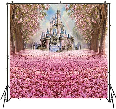 Photography Backdrop Fairy Tale Castle Beautiful Pink Woods Children Princess Girls Photo Booth Backdrop Studio Props with Flowers on The Floor in Spring 8x8ft W-314