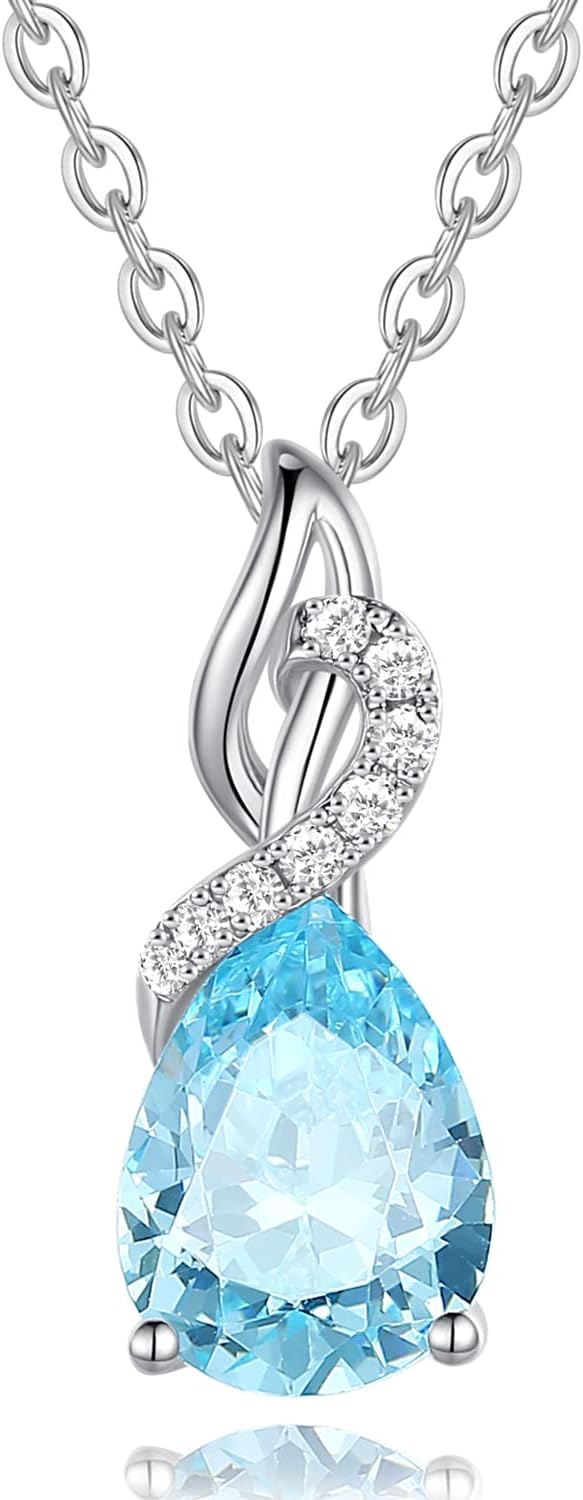 14K Solid White Gold Teardrop Pendant with Diamond Birthstone Necklace