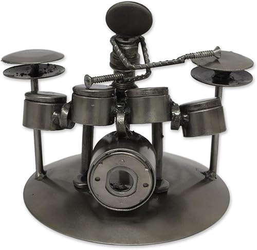 Miniatura 1 de NOVICA Estatuilla del músico de las piezas de automóvil recicladas rústicas, baterista rústico