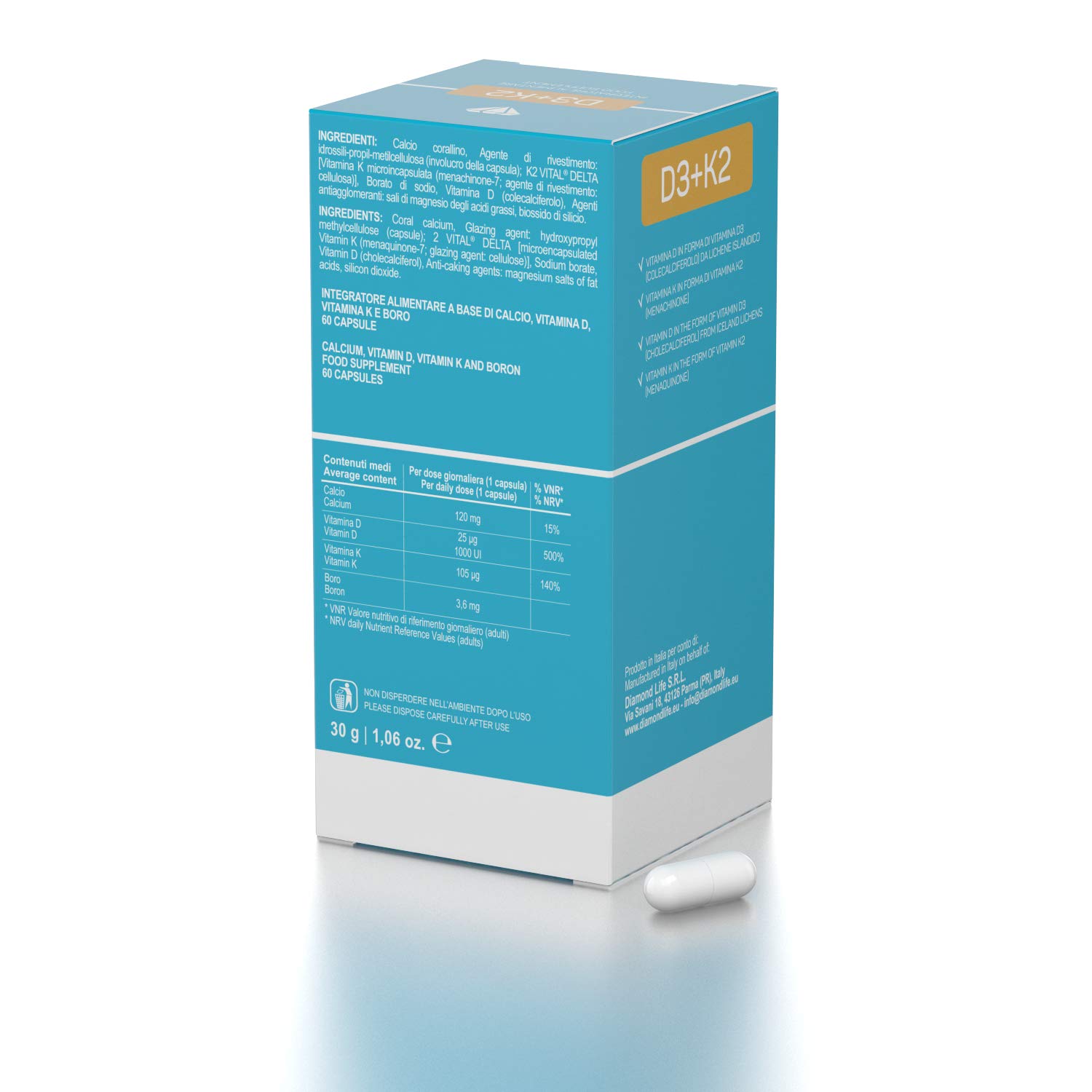 D3+K2 MAX - Diamond Life - integratore alimentare a base di Calcio, Vitamina D, Vitamina K e Boro
