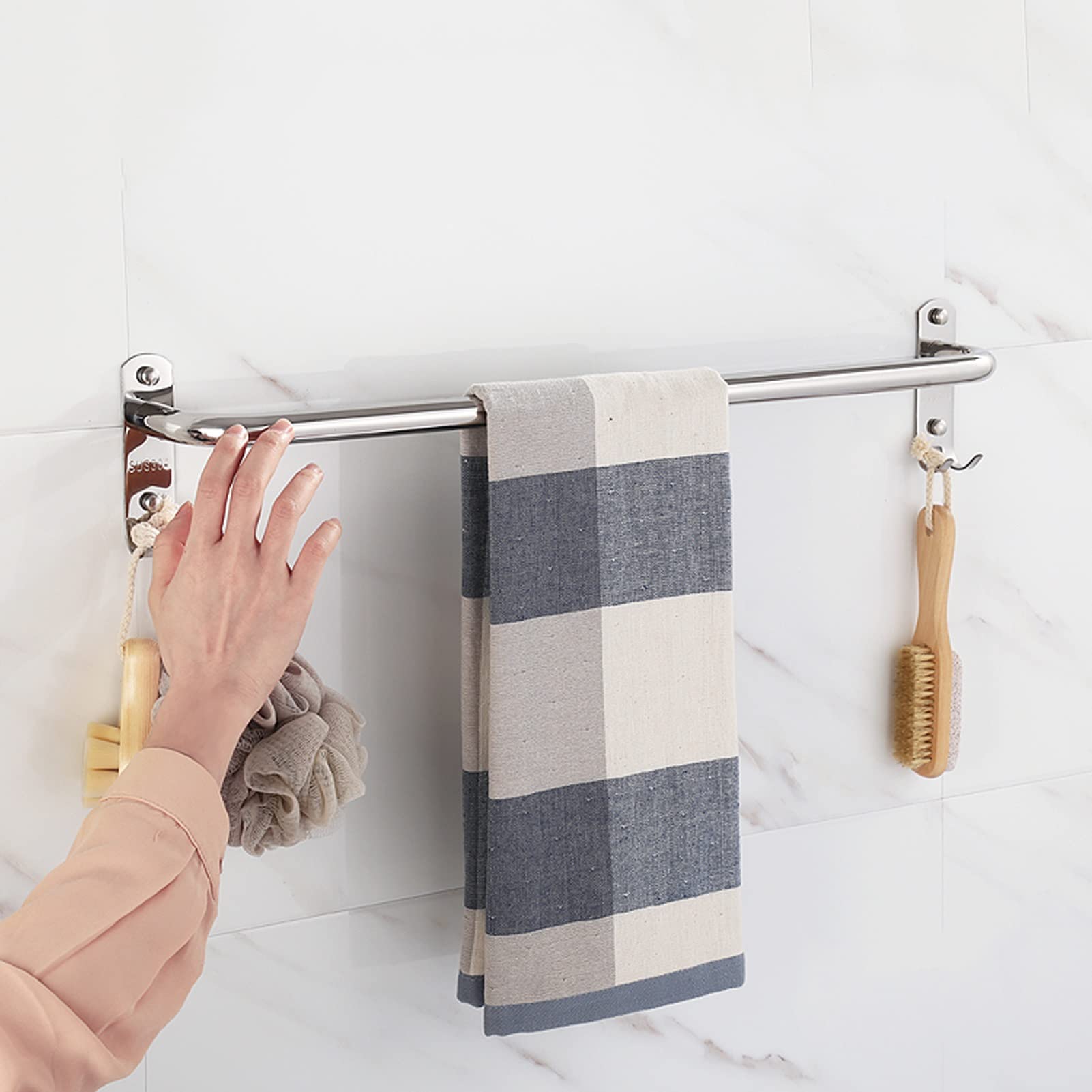 Toallero de Acero Inoxidable con Ganchos, toallero montado en la Pared, toallero para Cocina, baño, 40 cm-120 cm, Acabado Plateado Pulido (tamaño: 40 cm)