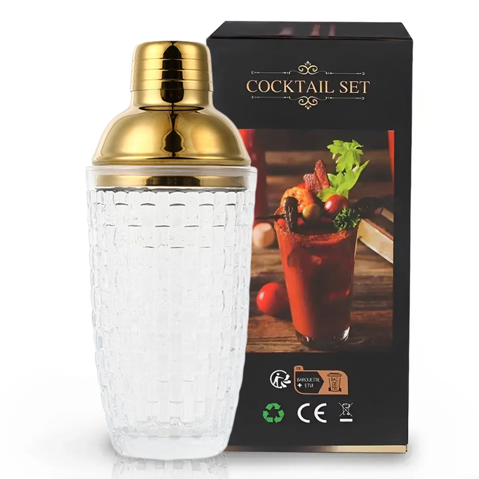 UXIYI Glass Cocktail Shaker Kit,350Ml Mixer Professional Thickened Drinking Shaker Cocktail,Leakproof Metallic Steel Lid&Strainer,Gold