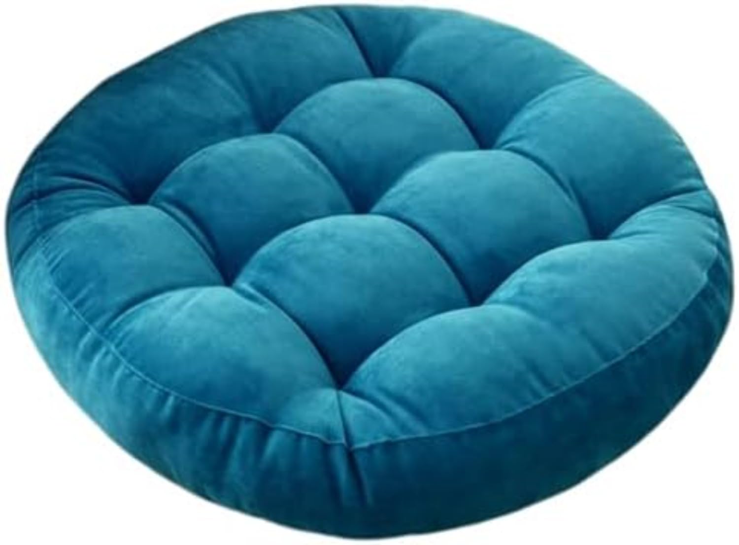 Coussin de sol rond touffeté bleu 55cm, pouf velours côtelé
